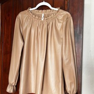 Lilypad Faux Leather Tan Taupe Long-Sleeve Peasant Blouse